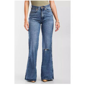Wrangler 33 622 Wanderer High Rise Flare Jean Retro Mid Damaged Western Boho